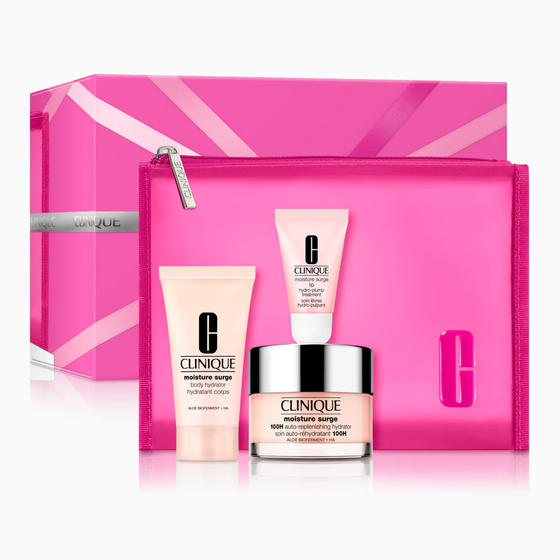 Clinique Hydration Essentials zestaw prezentowy krem-żel do twarzy Moisture Surge 100H 30 ml + balsam do ciała Moisture Surge 30 ml + balsam do ust Moisture Surge 7 ml + kosmetyczka