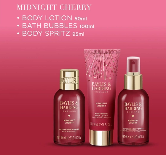 Baylis & Harding Midnight Cherry zestaw prezentowy pianka do kąpieli 100 ml + spray do ciała 95 ml + balsam do ciała 50 ml